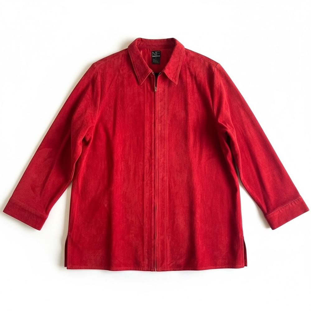 New Frontier Red Suede Leather Jacket Women's Large Zip Front Side Slits